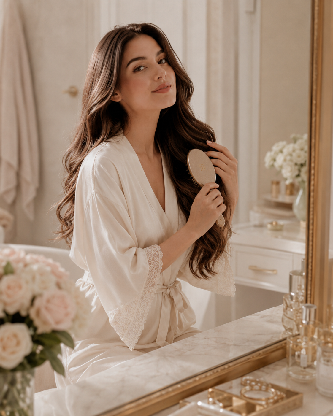 Woman enjoying a soft feminine hair and self-care ritual
