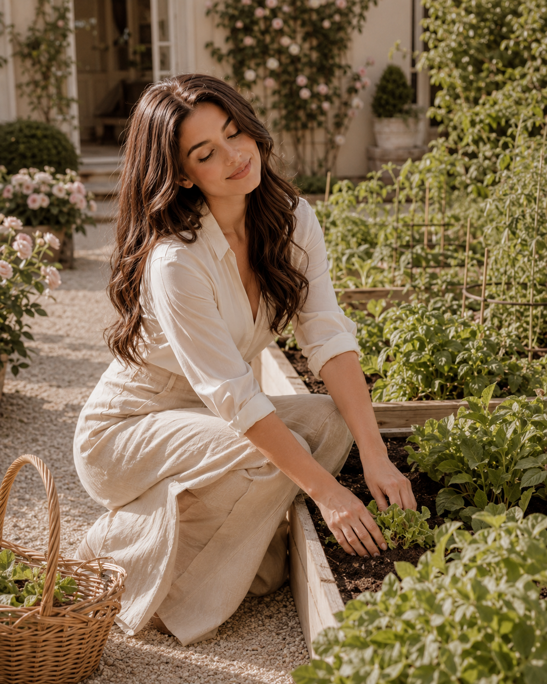 Woman planting leafy greens in a raised garden bed as part of her soft feminine lifestyle