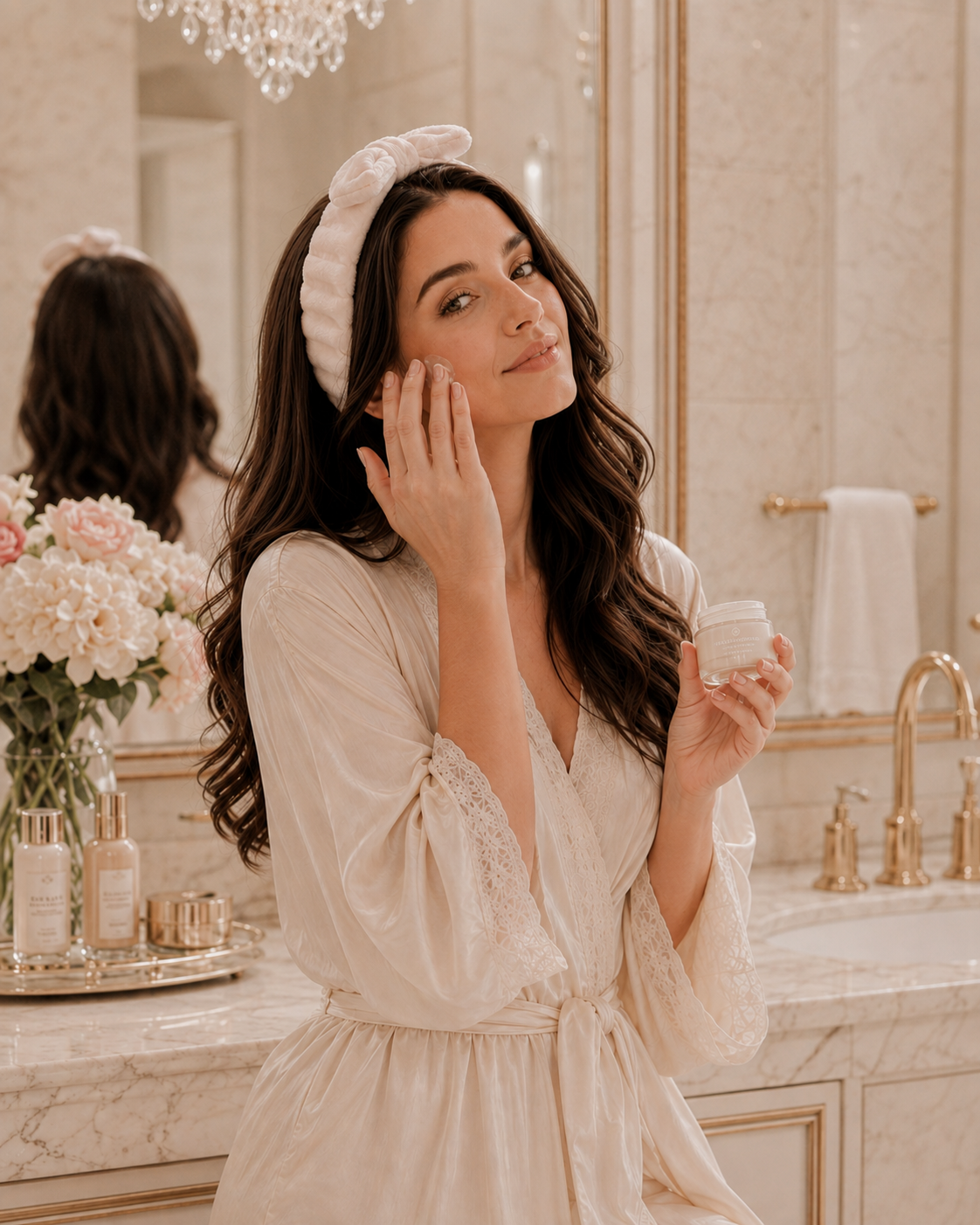 Woman applying face cream during a soft feminine skin care routine
